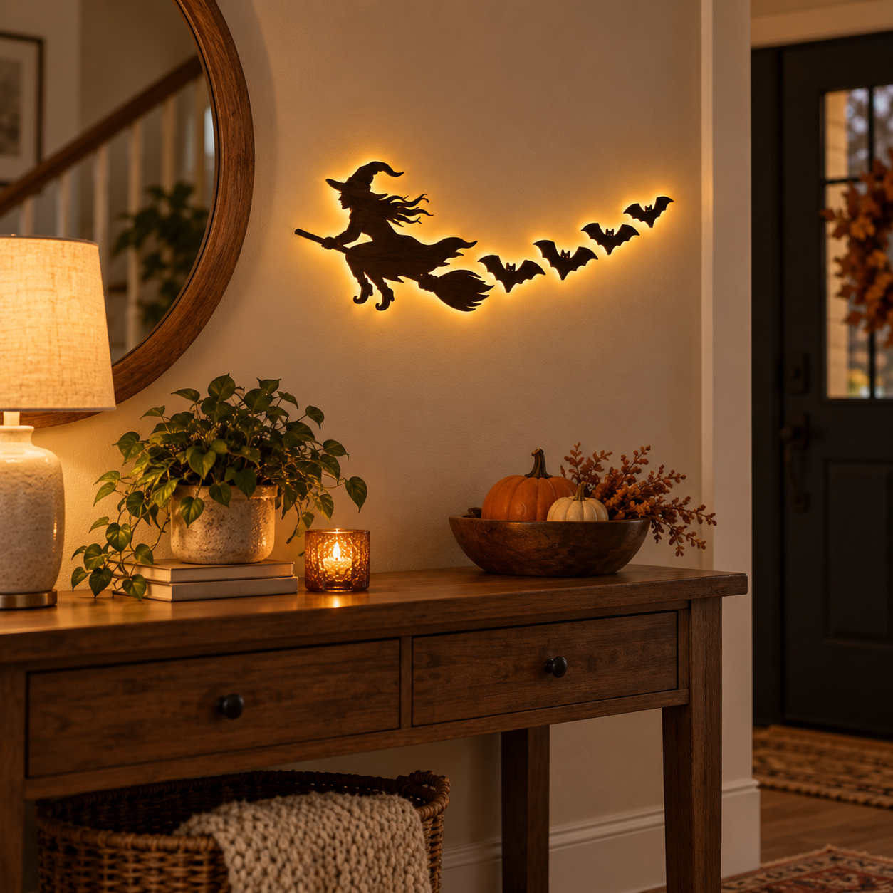 🎃 5-Piece Halloween Lighted Wall Decor Set – Flying Witch & Bats with Remote Control
