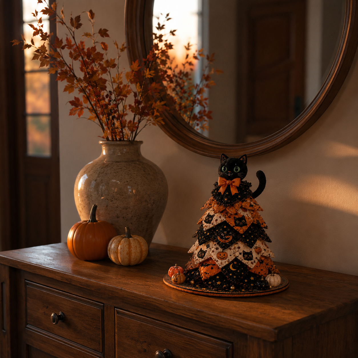 Light-Up Halloween Black Cat Fabric Tree Decoration with Remote Control 🐈‍⬛🎃✨
