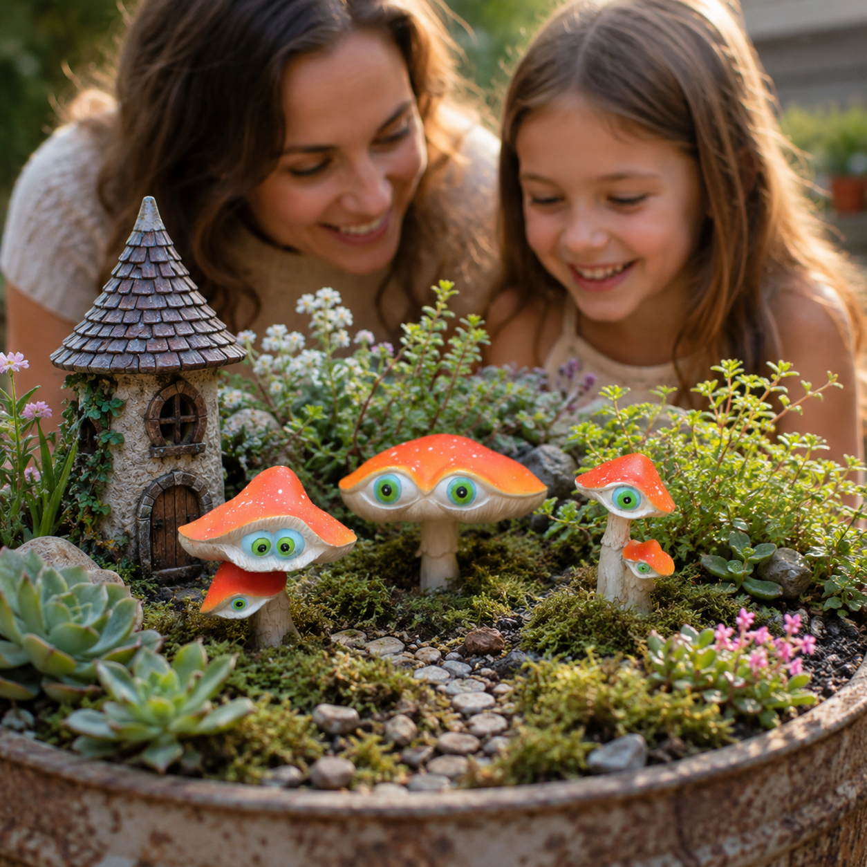 3-Piece Big-Eyed Mushroom Resin Garden Stakes – Whimsical Fairy Garden Decorations