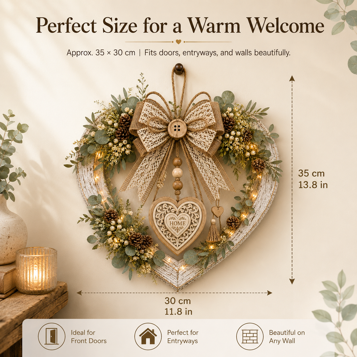 Lighted Rustic Heart-Shaped Door Wreath – Farmhouse Eucalyptus Home Décor 💚✨