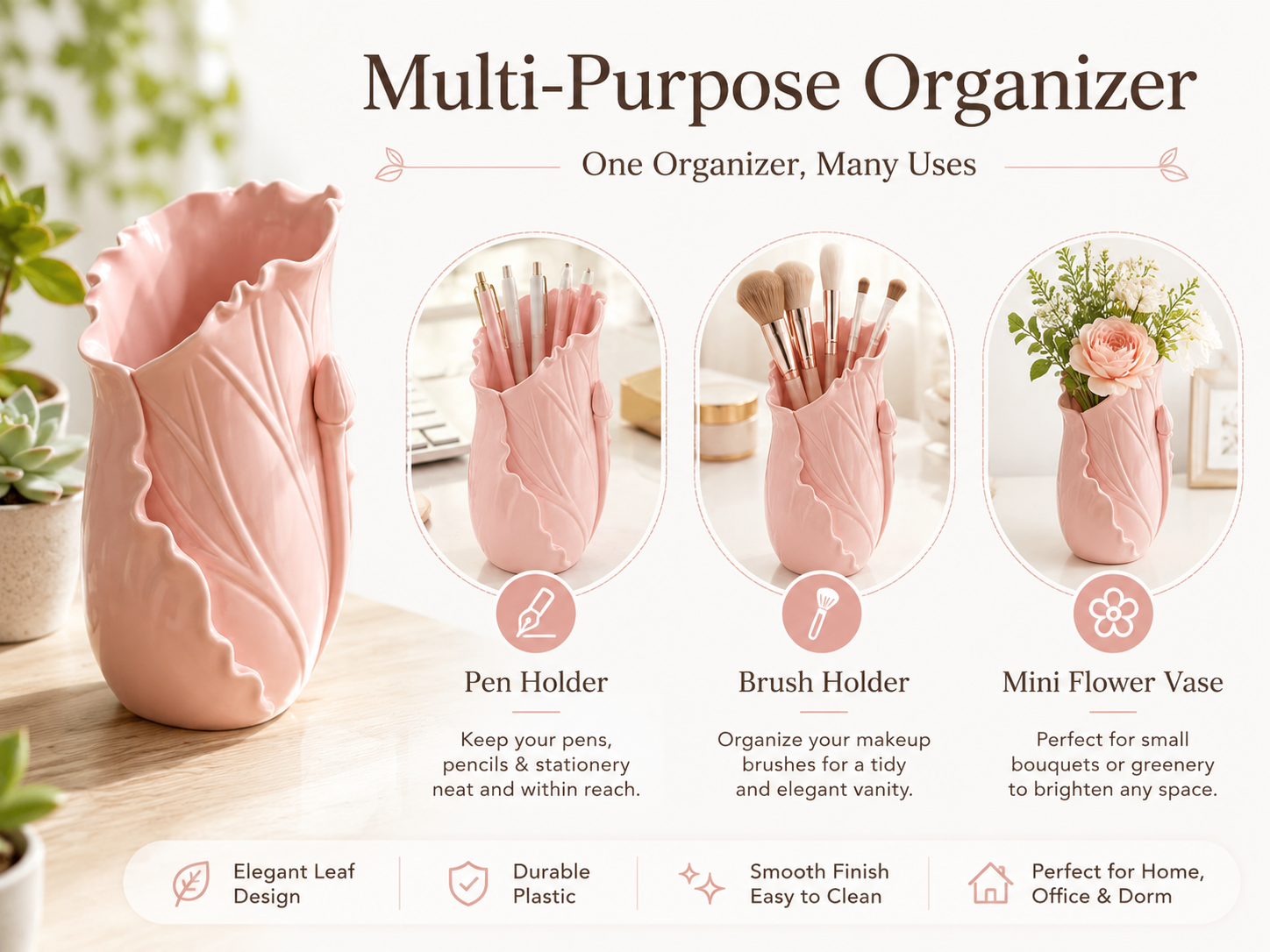 “Plastic Pen Holder & Makeup Brush Organizer – Decorative Leaf-Shaped Vase for Desktop, Vanity, and Flower Display – Functional Home & Office Décor”