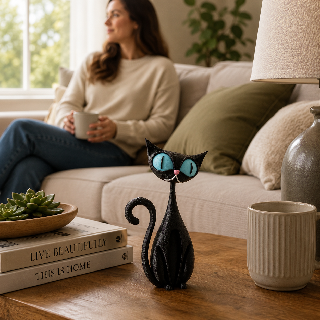 Whimsical Big-Eyed Black Cat Resin Figurine 🐈‍⬛✨