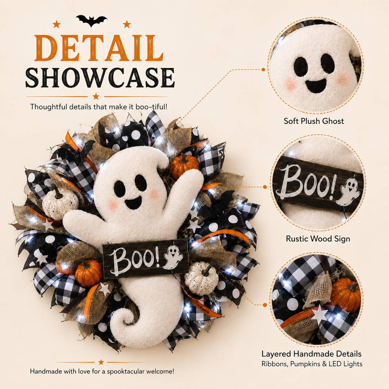 Lighted Halloween Ghost Wreath – 15.7-Inch Remote-Controlled Front Door Decoration 👻