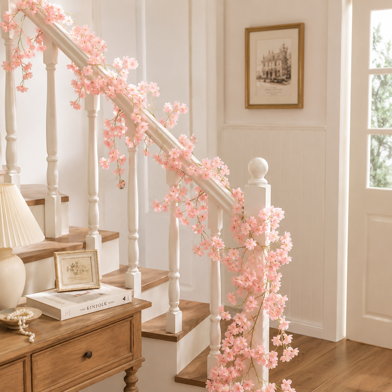Artificial Pink Hanging Cherry Blossom Garland – 1.8m, 135 Flowers | Wedding, Balcony, Staircase, Room Decoration