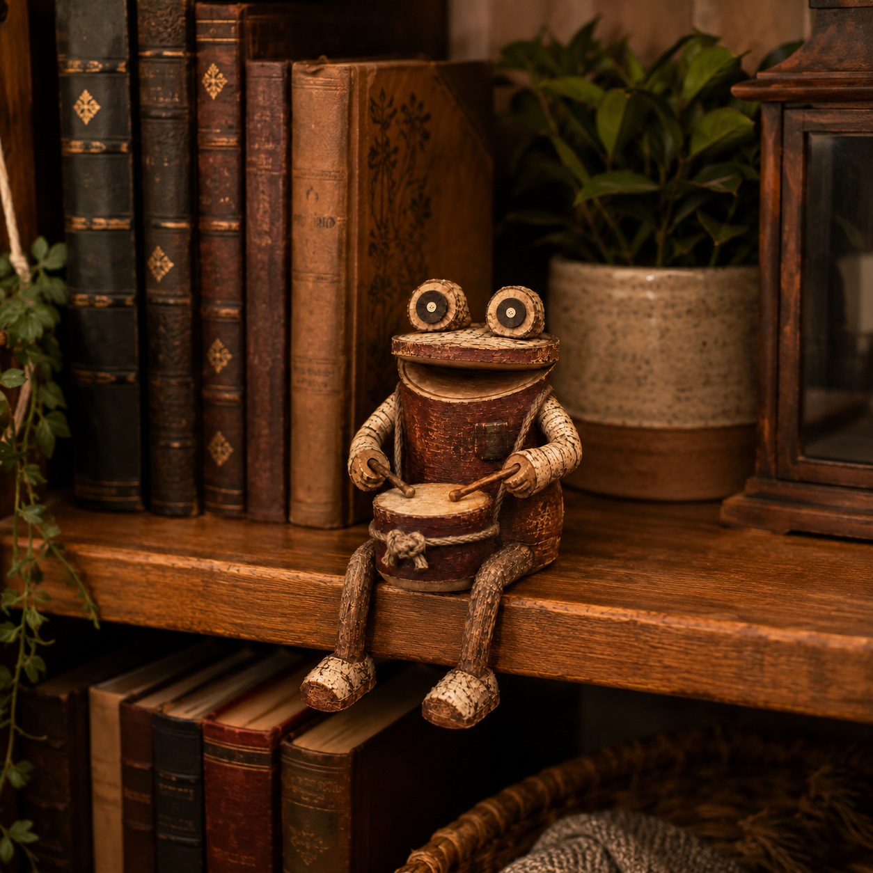 🐸 Rustic Wooden Frog Drummer Figurine