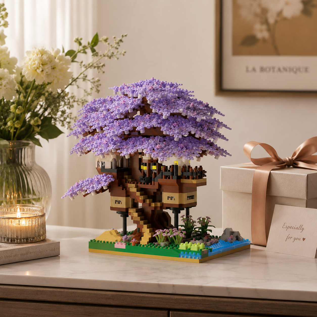 Cherry Blossom Tree House Building Block Set | Pink & Purple Sakura Tree Model | Desktop Decoration Collectible Toy