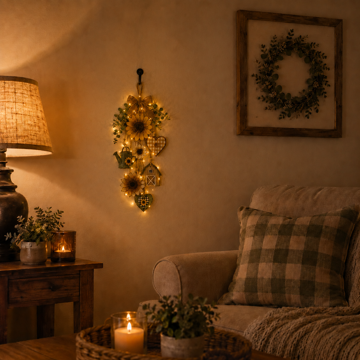 Rustic Wooden Garden-Themed Hanging Ornament with Remote Control Fairy Lights