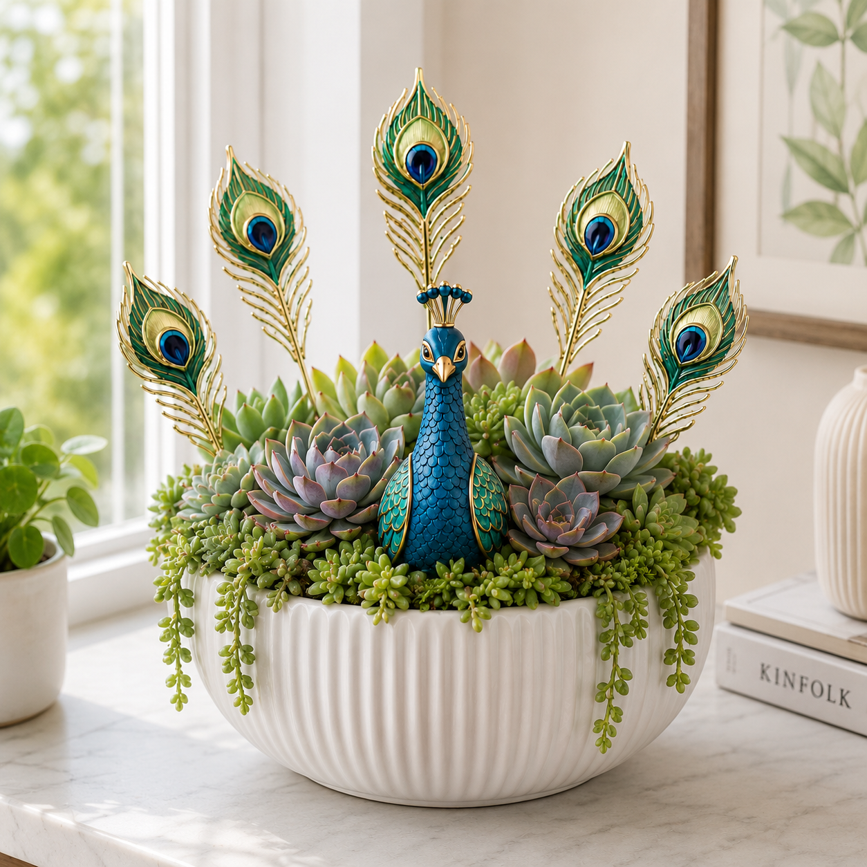Peacock Resin Plant Decoration Set – 1 Peacock Pick with 5 Decorative Feather Stakes