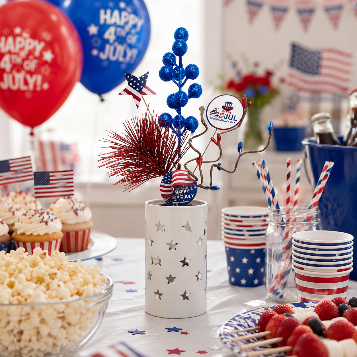 Patriotic 4th of July Decorative Flower Pick – 10-Flower Bundle, Red, White & Blue Glitter Berry & Star Accents for Garden, Floral Arrangements, Wreaths & Holiday Decor