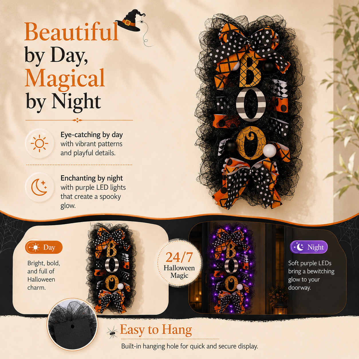 Lighted Halloween BOO Door Hanging Decoration with Purple Lights & Remote Control 💜