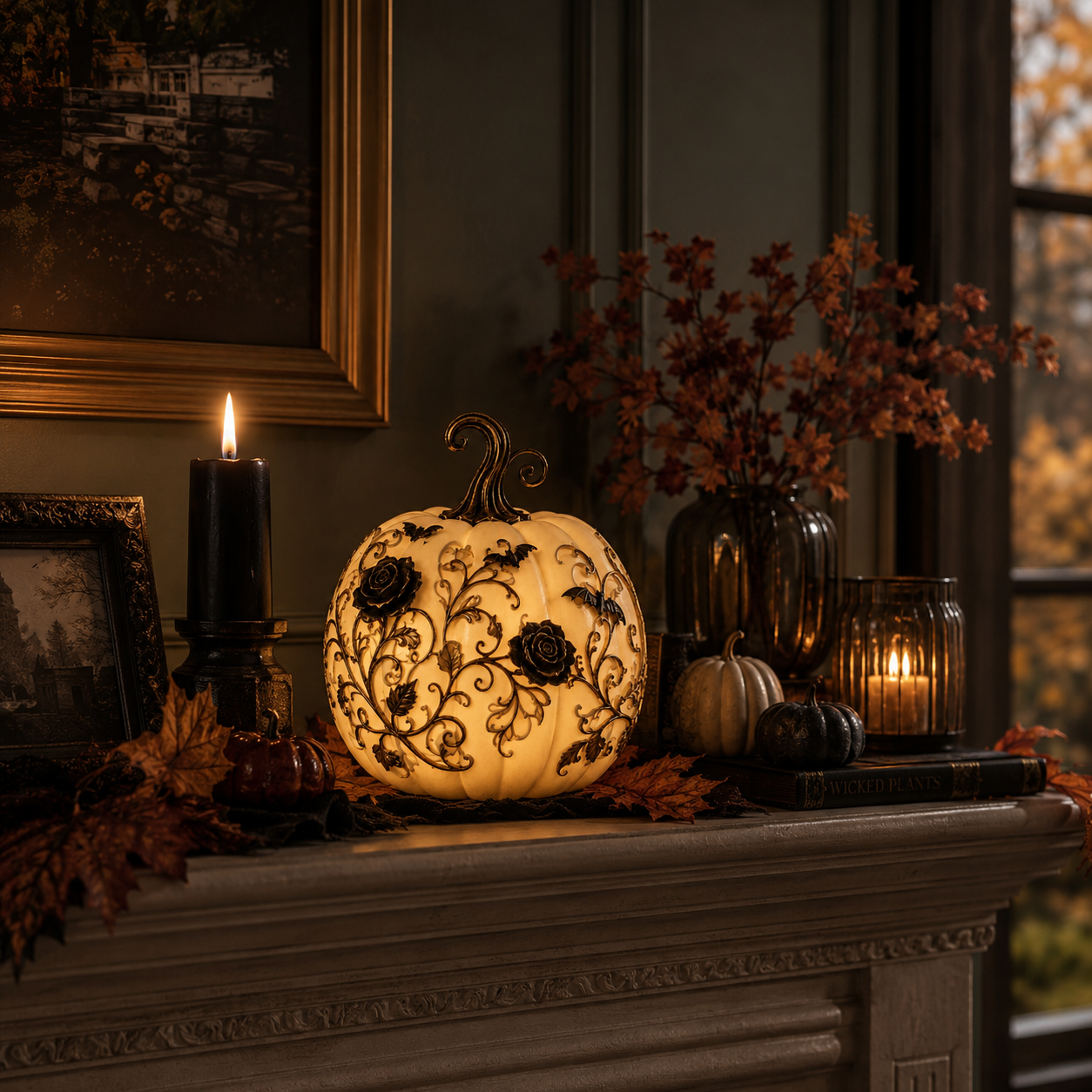 Gothic Rose Pumpkin Light – Remote-Controlled Halloween Resin Tabletop Décor 🦇
