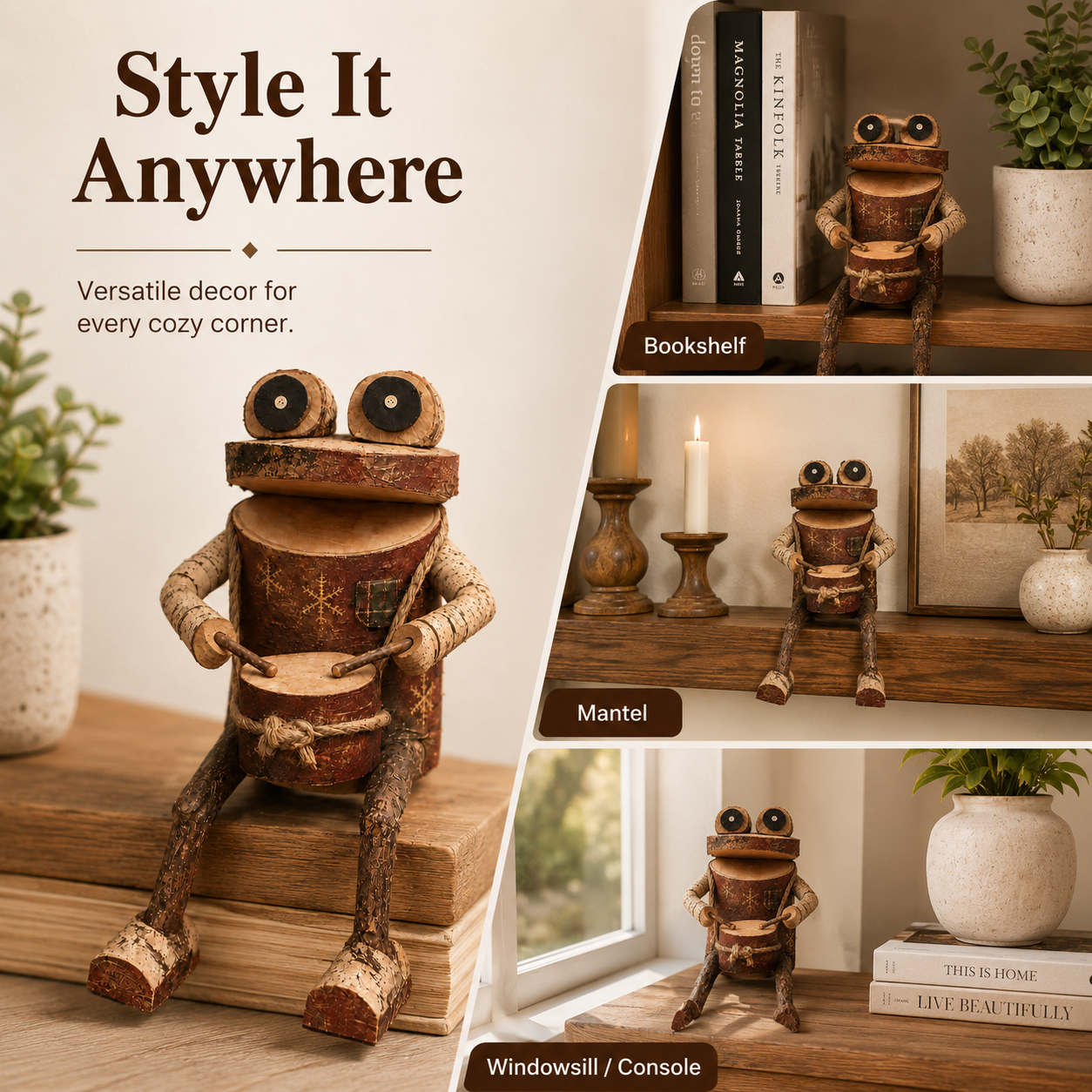 🐸 Rustic Wooden Frog Drummer Figurine