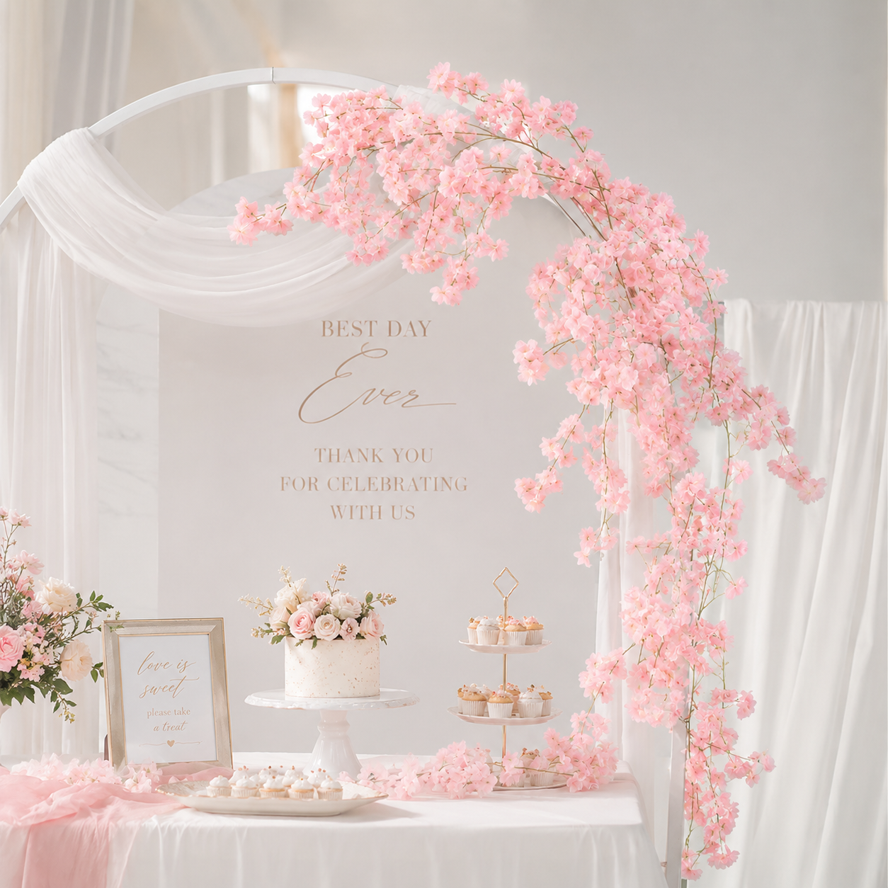 Artificial Pink Hanging Cherry Blossom Garland – 1.8m, 135 Flowers | Wedding, Balcony, Staircase, Room Decoration