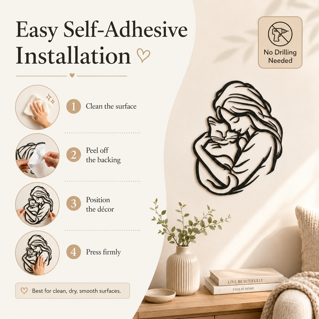 🐱 Girl Hugging Cat Metal Wall Art – A Heartwarming Accent for Cozy Homes
