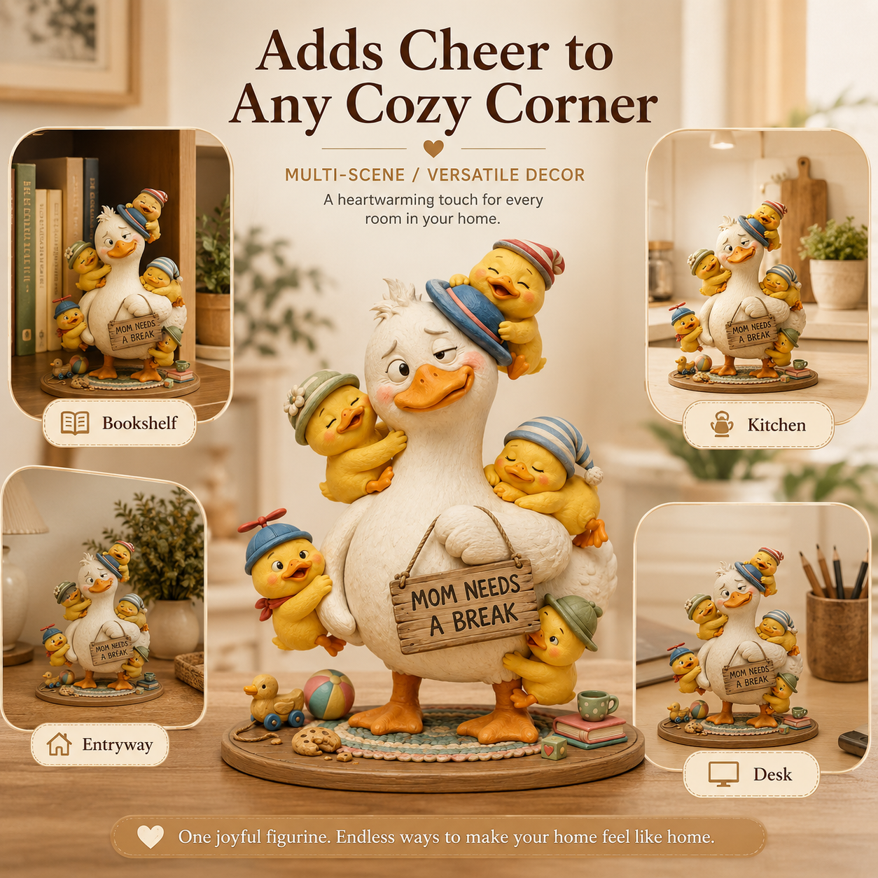 “Mom Needs a Break” Mama Duck & Five Ducklings Resin Figurine – Funny Family Tabletop Decor 💛