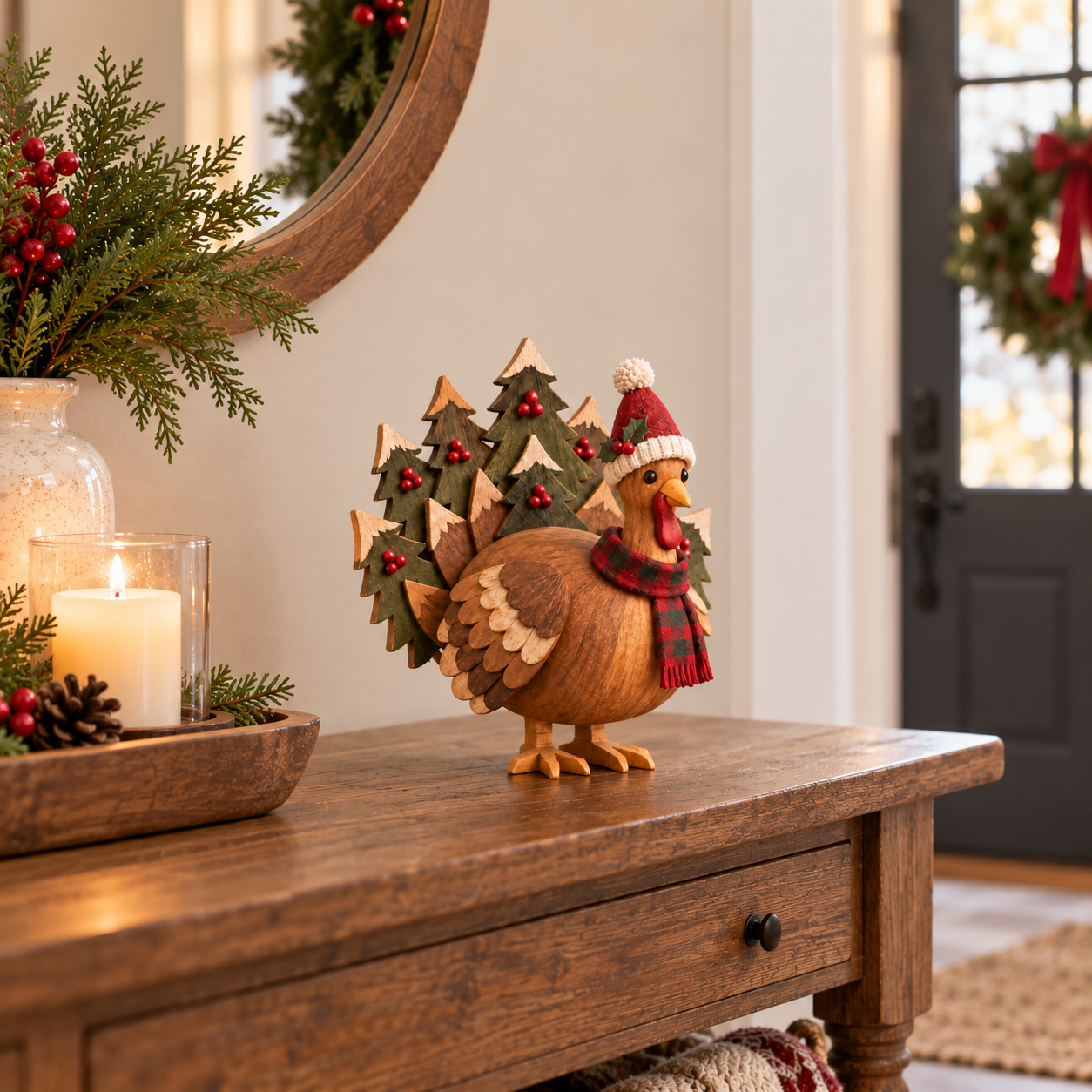 Rustic Wooden Christmas Turkey Figurine with Santa Hat🦃🎄