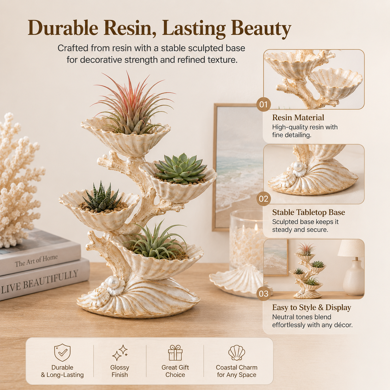 4-Tier Pearl Seashell Succulent Planter – Coastal Resin Tabletop Plant Display 🌿