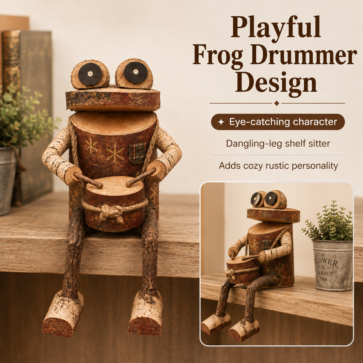 🐸 Rustic Wooden Frog Drummer Figurine