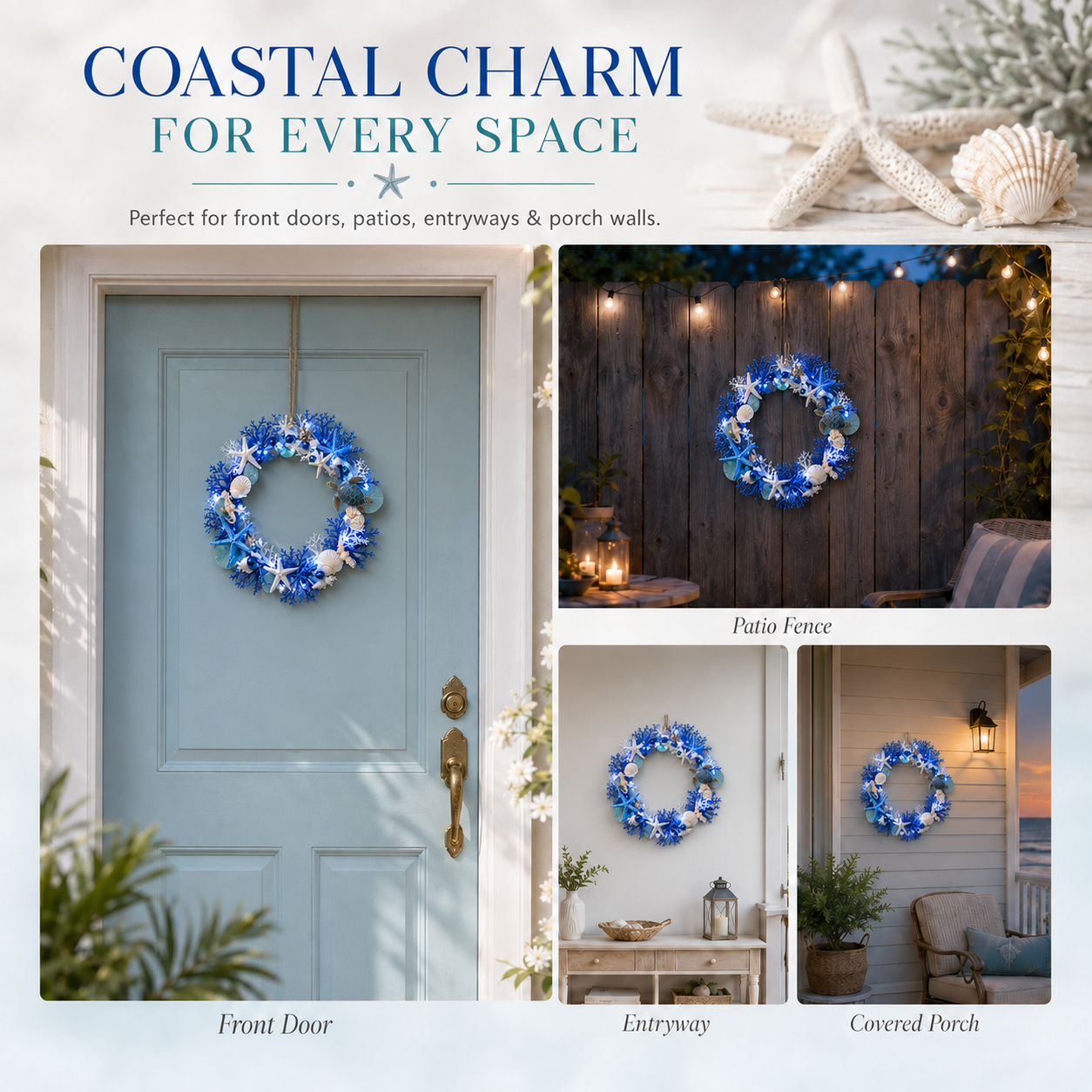 Ocean Breeze Coastal Wreath with LED Lights – Blue Sea Turtle & Seashell Resin Door Hanging Decor 🐢✨