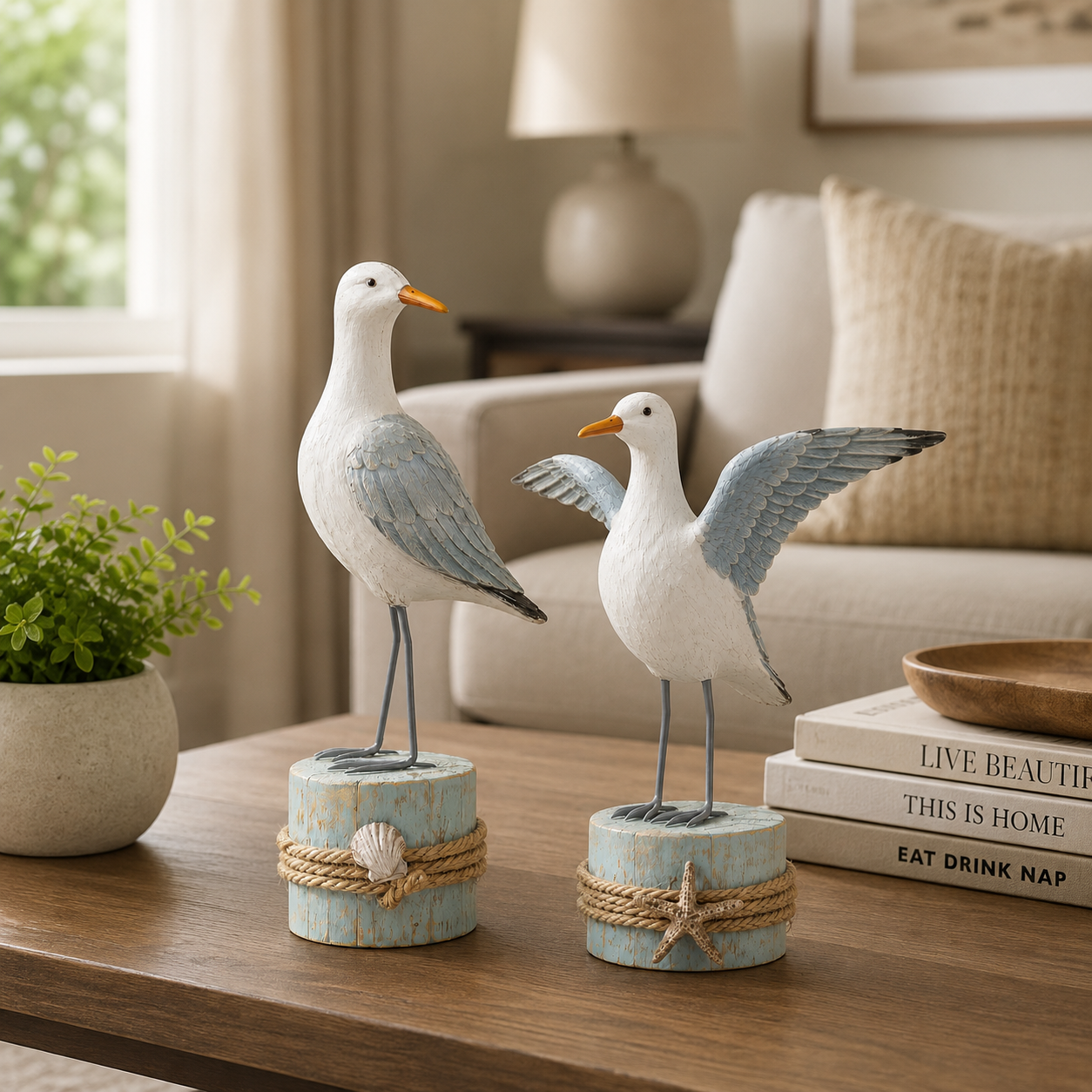 🌊 Set of 2 Seagull Figurines – Coastal Resin Bird Decor with Beach-Inspired Details for Tabletop Home Accents