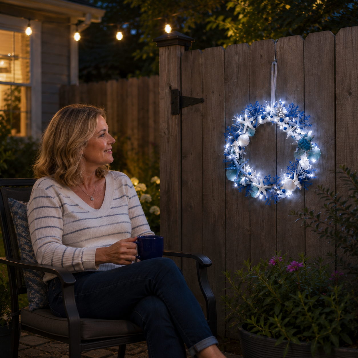 Ocean Breeze Coastal Wreath with LED Lights – Blue Sea Turtle & Seashell Resin Door Hanging Decor 🐢✨