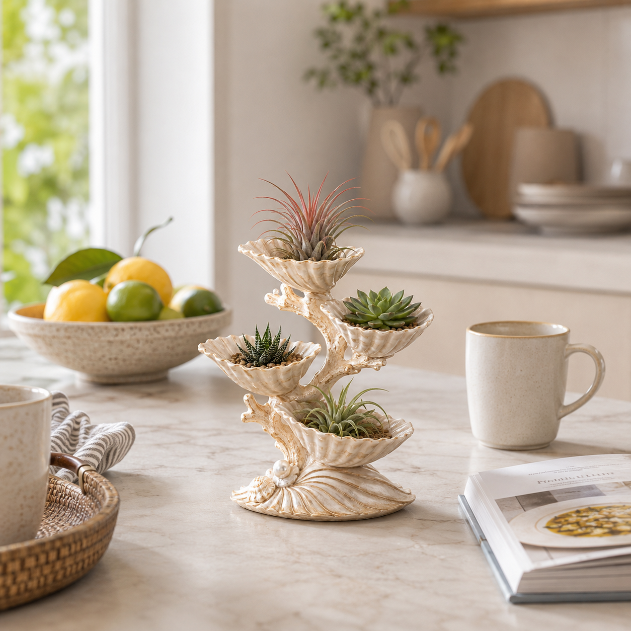 4-Tier Pearl Seashell Succulent Planter – Coastal Resin Tabletop Plant Display 🌿