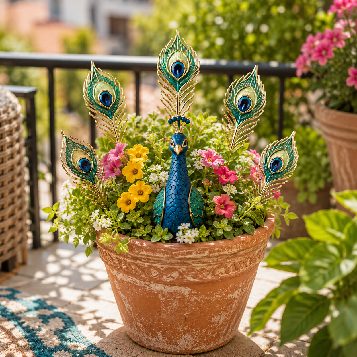Peacock Resin Plant Decoration Set – 1 Peacock Pick with 5 Decorative Feather Stakes