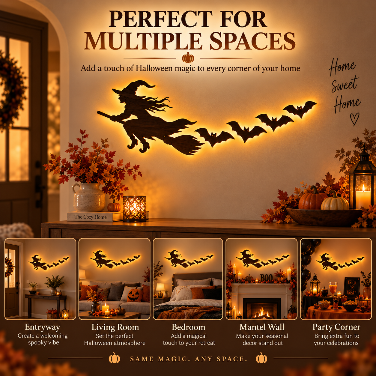 🎃 5-Piece Halloween Lighted Wall Decor Set – Flying Witch & Bats with Remote Control