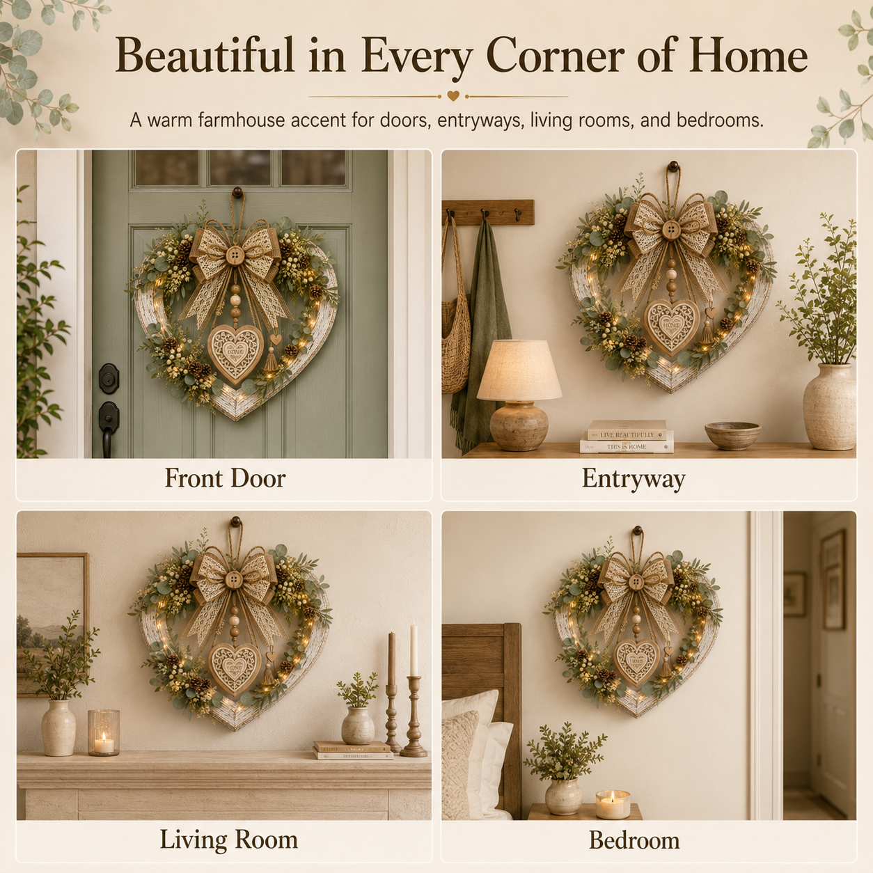 Lighted Rustic Heart-Shaped Door Wreath – Farmhouse Eucalyptus Home Décor 💚✨