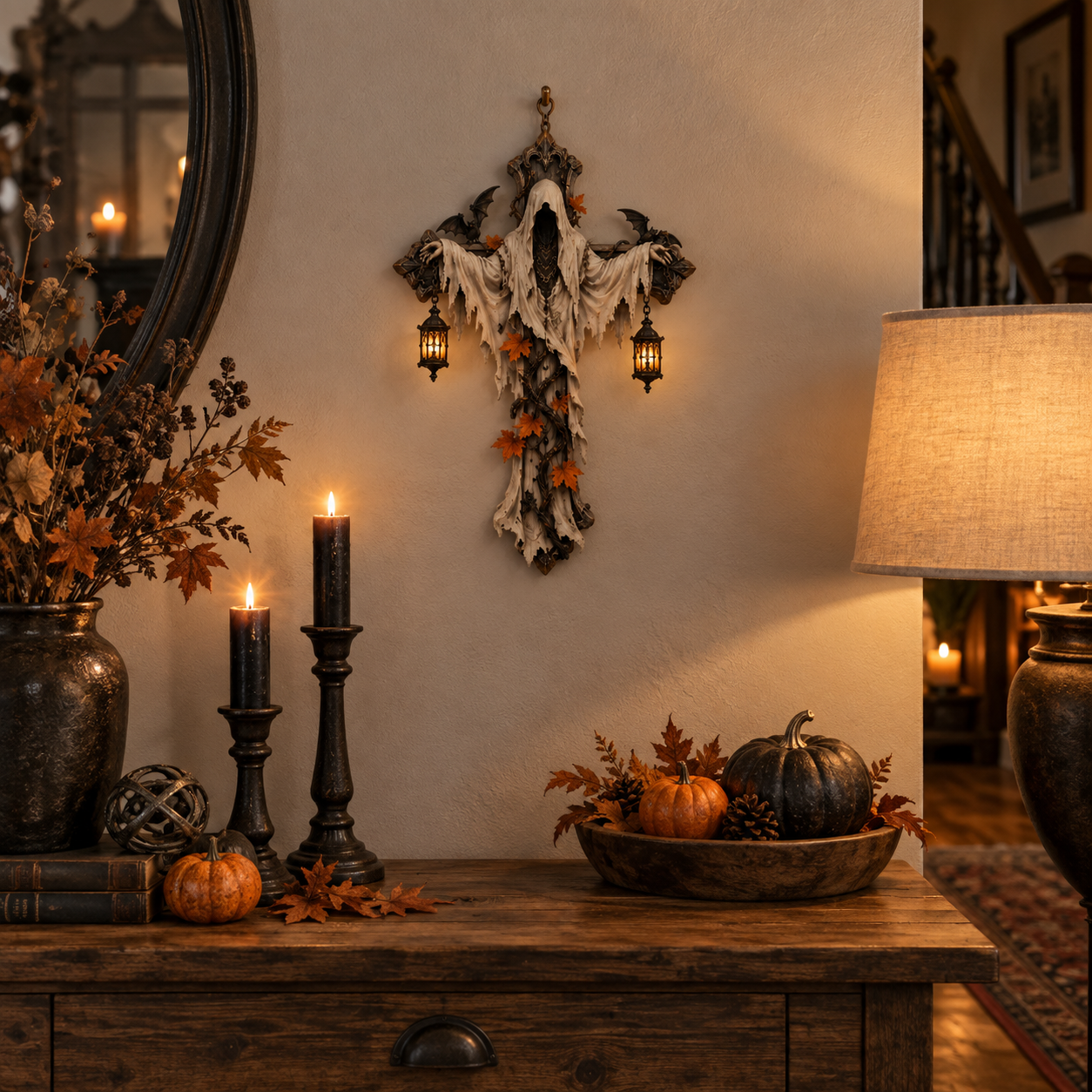 Lighted Halloween Ghost Cross Wall Decor