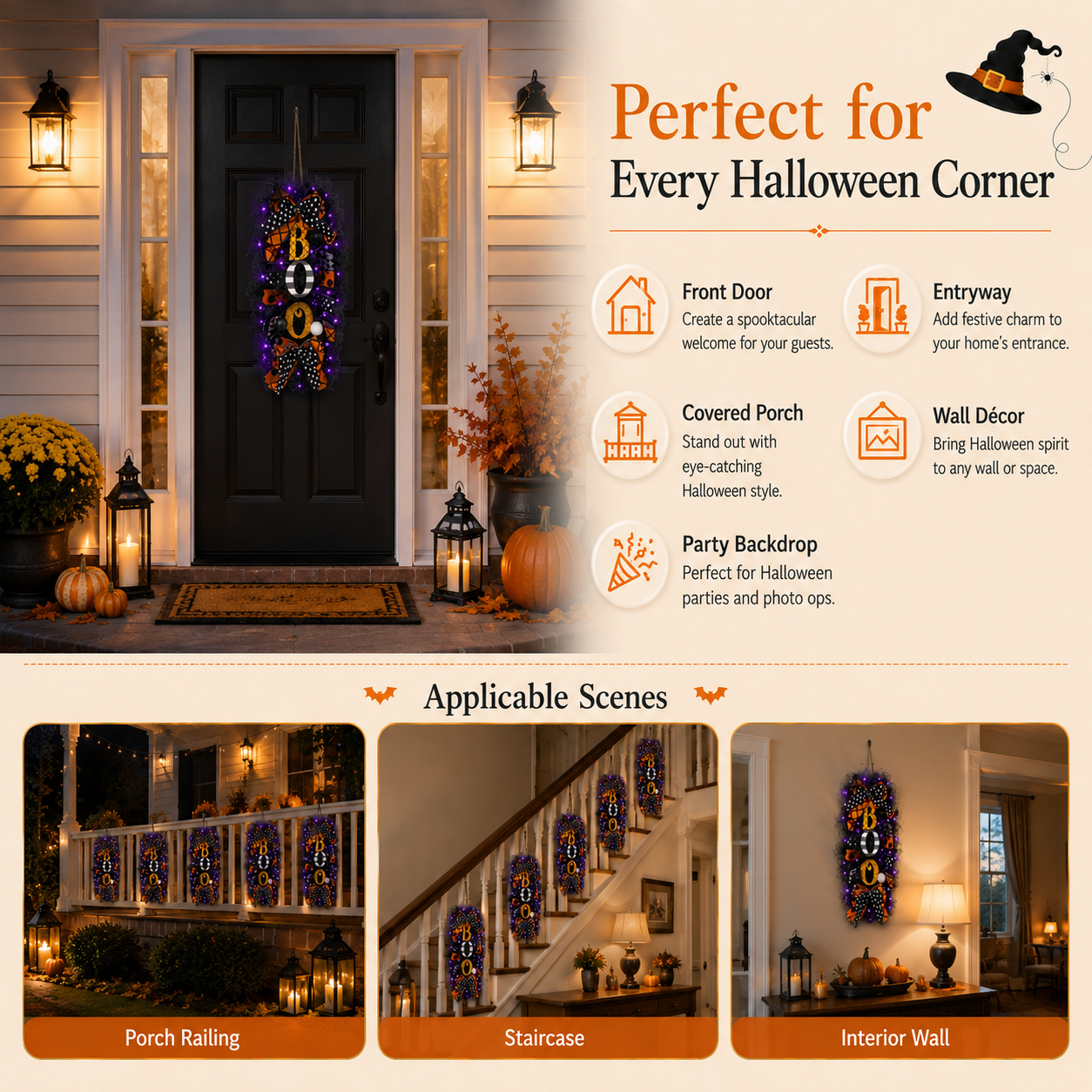 Lighted Halloween BOO Door Hanging Decoration with Purple Lights & Remote Control 💜