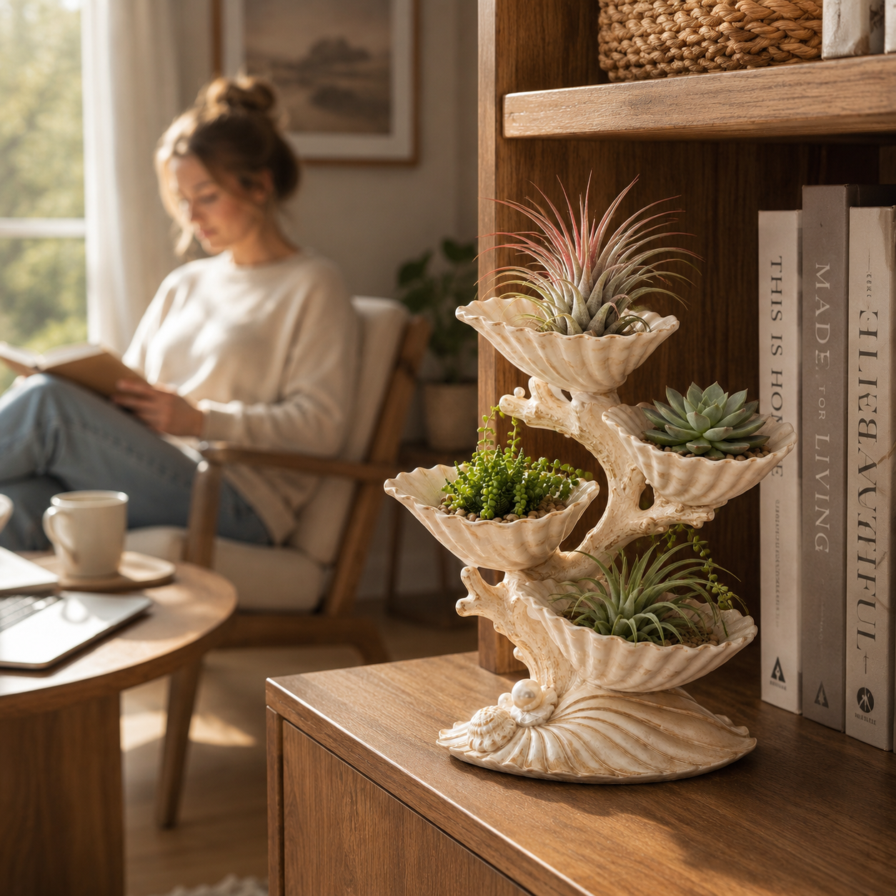 4-Tier Pearl Seashell Succulent Planter – Coastal Resin Tabletop Plant Display 🌿