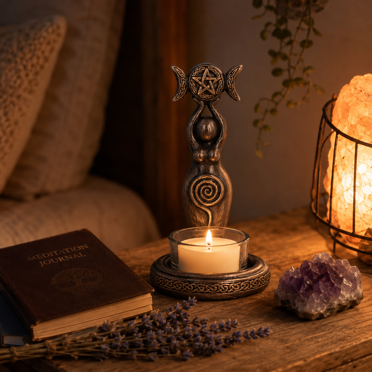 Triple Moon Tealight Candle Holder, Celestial Moon Candle Holder with Pentacle Design, Vintage Bronze Candle Decor for Meditation, Rituals, Home and Spiritual Room Decoration
