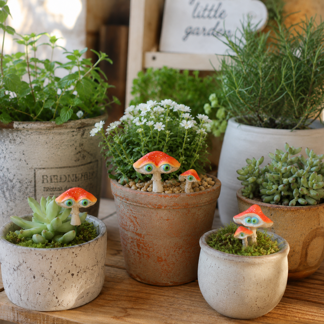 3-Piece Big-Eyed Mushroom Resin Garden Stakes – Whimsical Fairy Garden Decorations