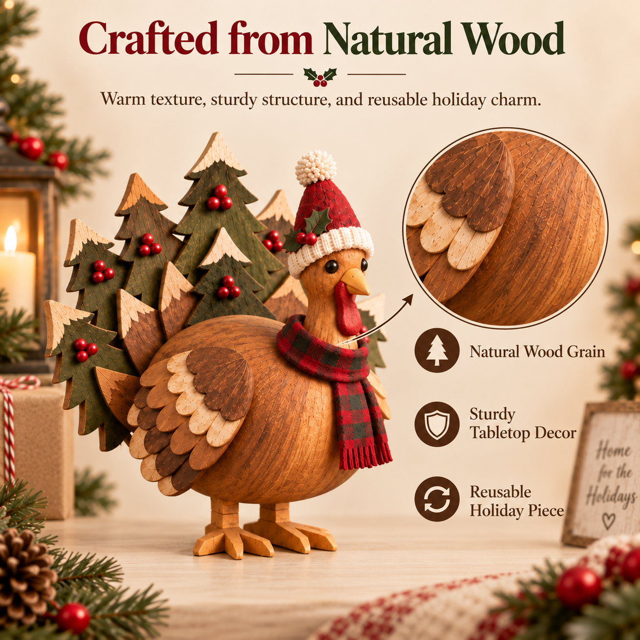 Rustic Wooden Christmas Turkey Figurine with Santa Hat🦃🎄