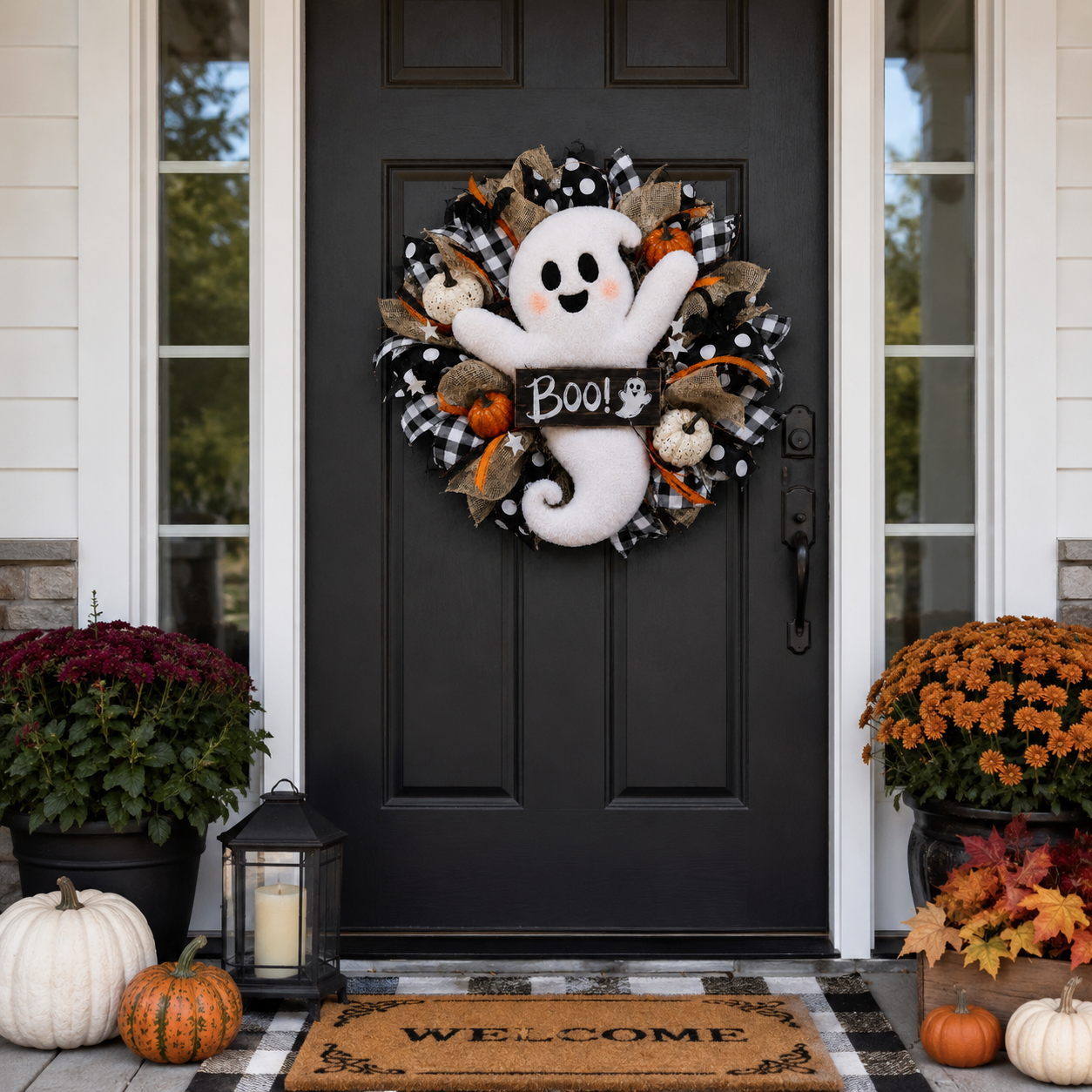 Lighted Halloween Ghost Wreath – 15.7-Inch Remote-Controlled Front Door Decoration 👻