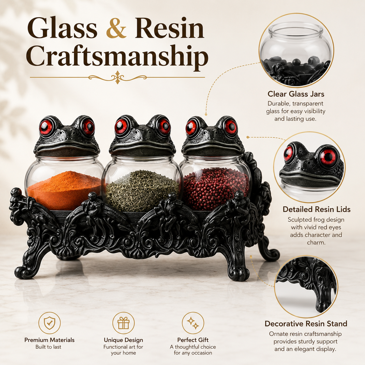 Frog Glass Spice Jar Set with Resin Stand 🐸✨