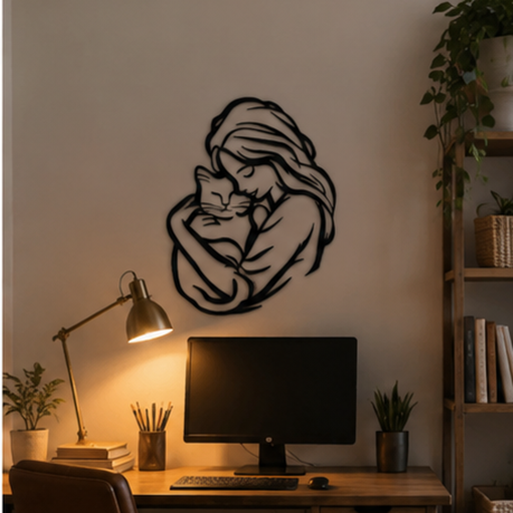 🐱 Girl Hugging Cat Metal Wall Art – A Heartwarming Accent for Cozy Homes