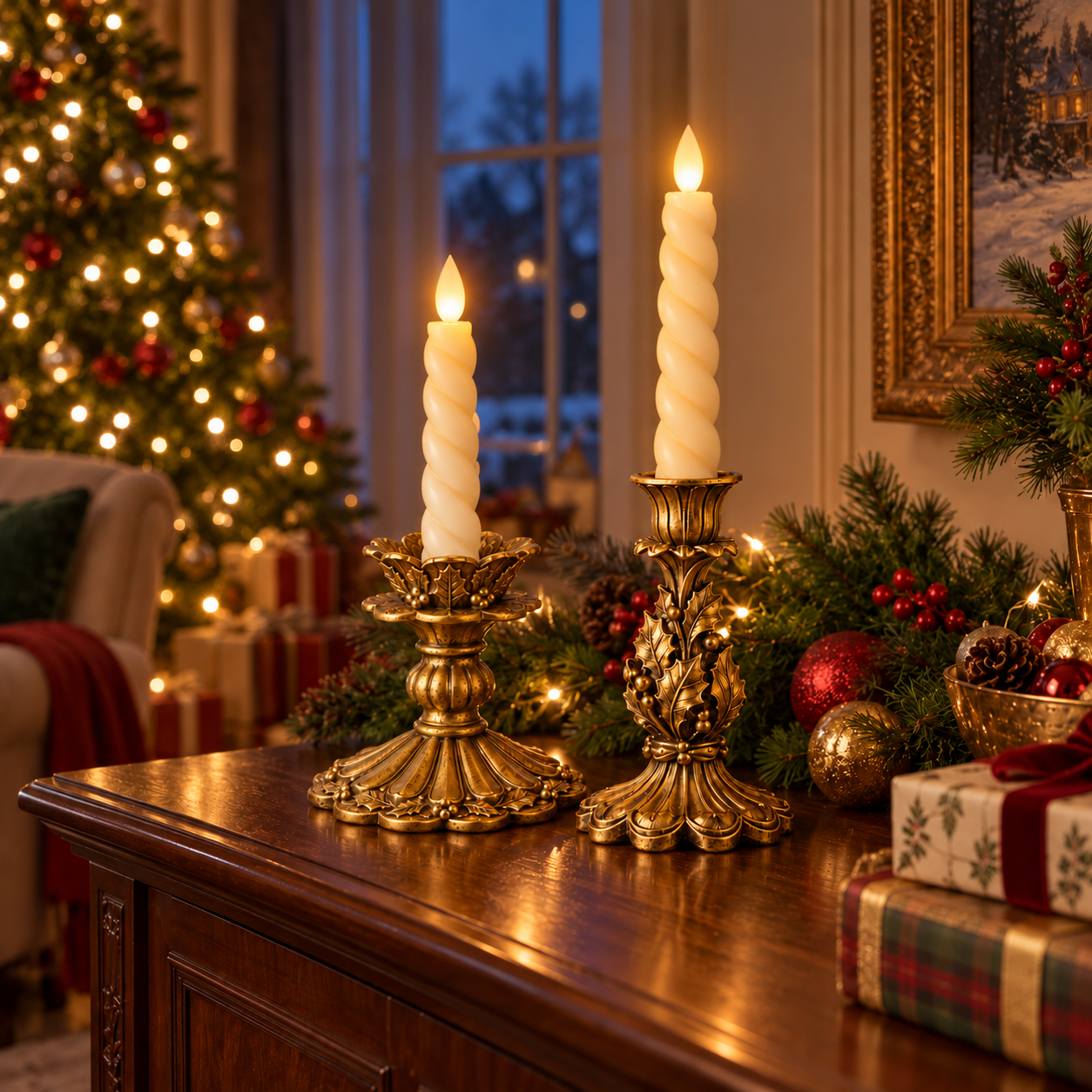 Vintage Antique Gold Christmas LED Candle Holders