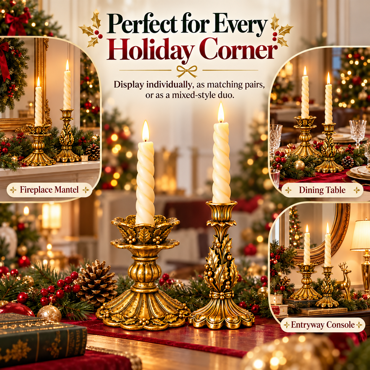 Vintage Antique Gold Christmas LED Candle Holders