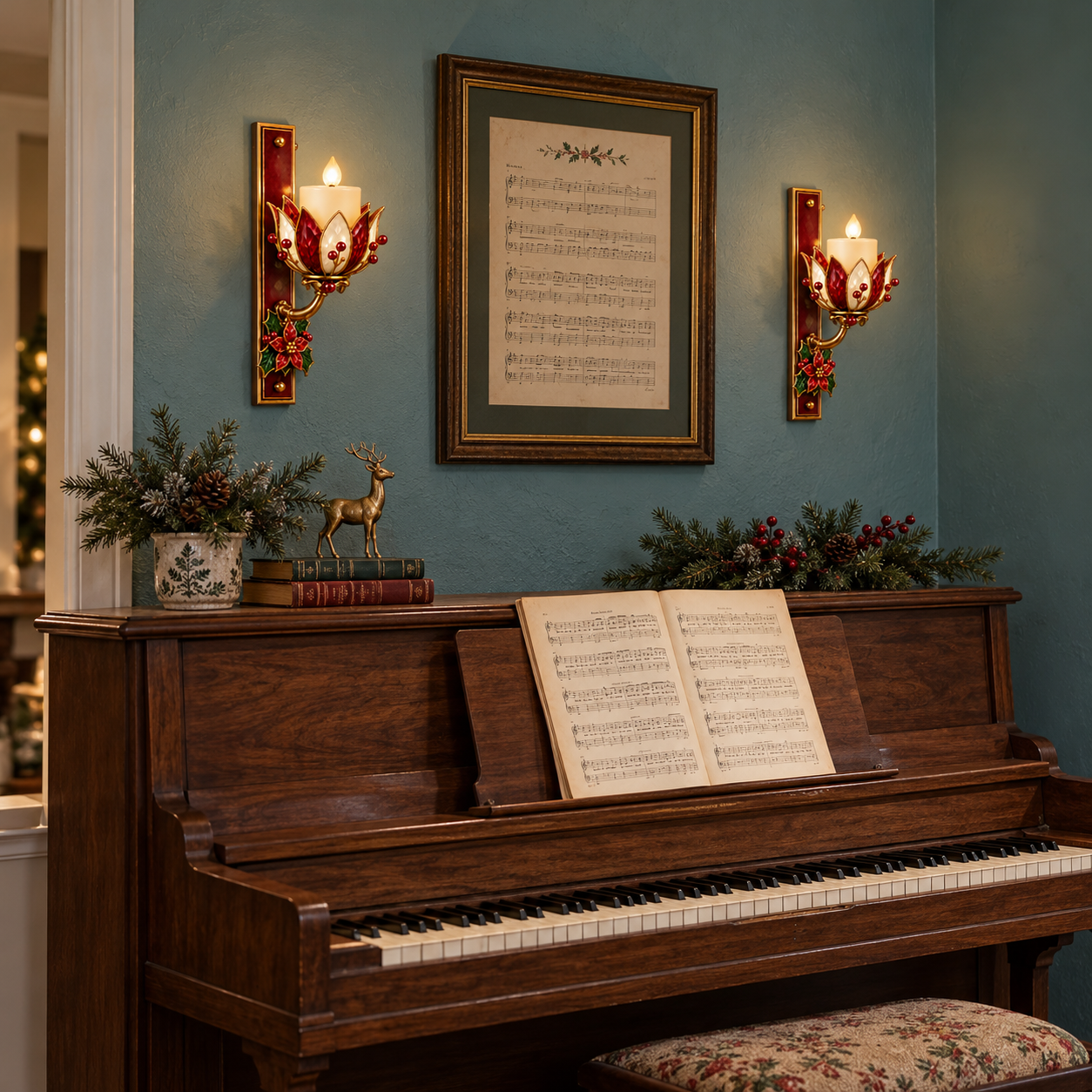 Vintage Poinsettia LED Candle Wall Sconce with Remote