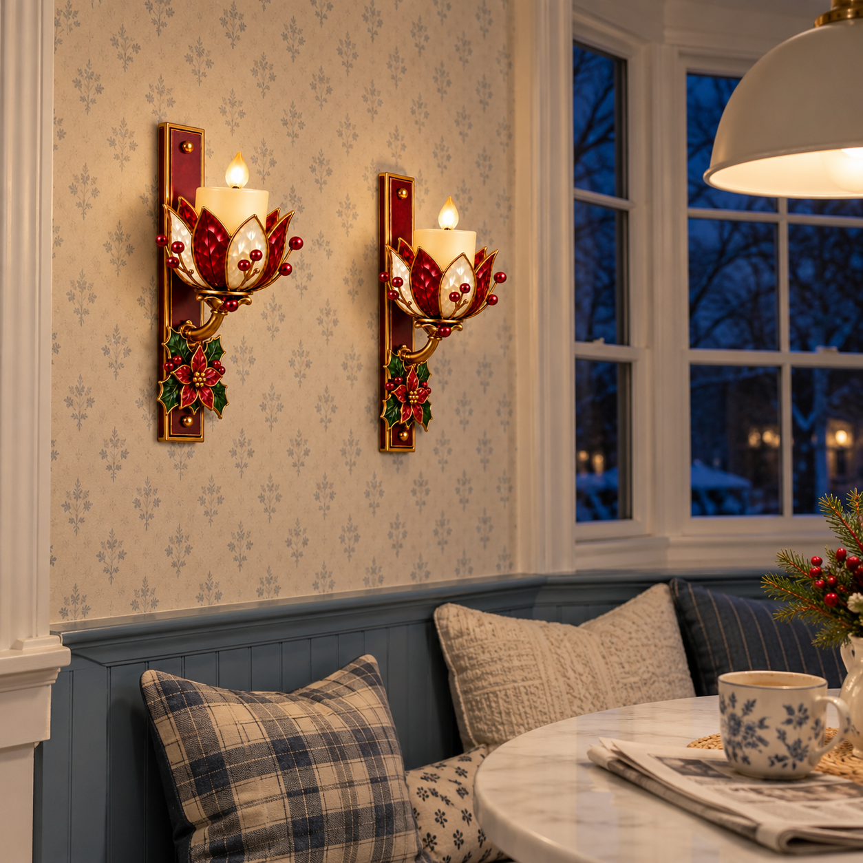 Vintage Poinsettia LED Candle Wall Sconce with Remote