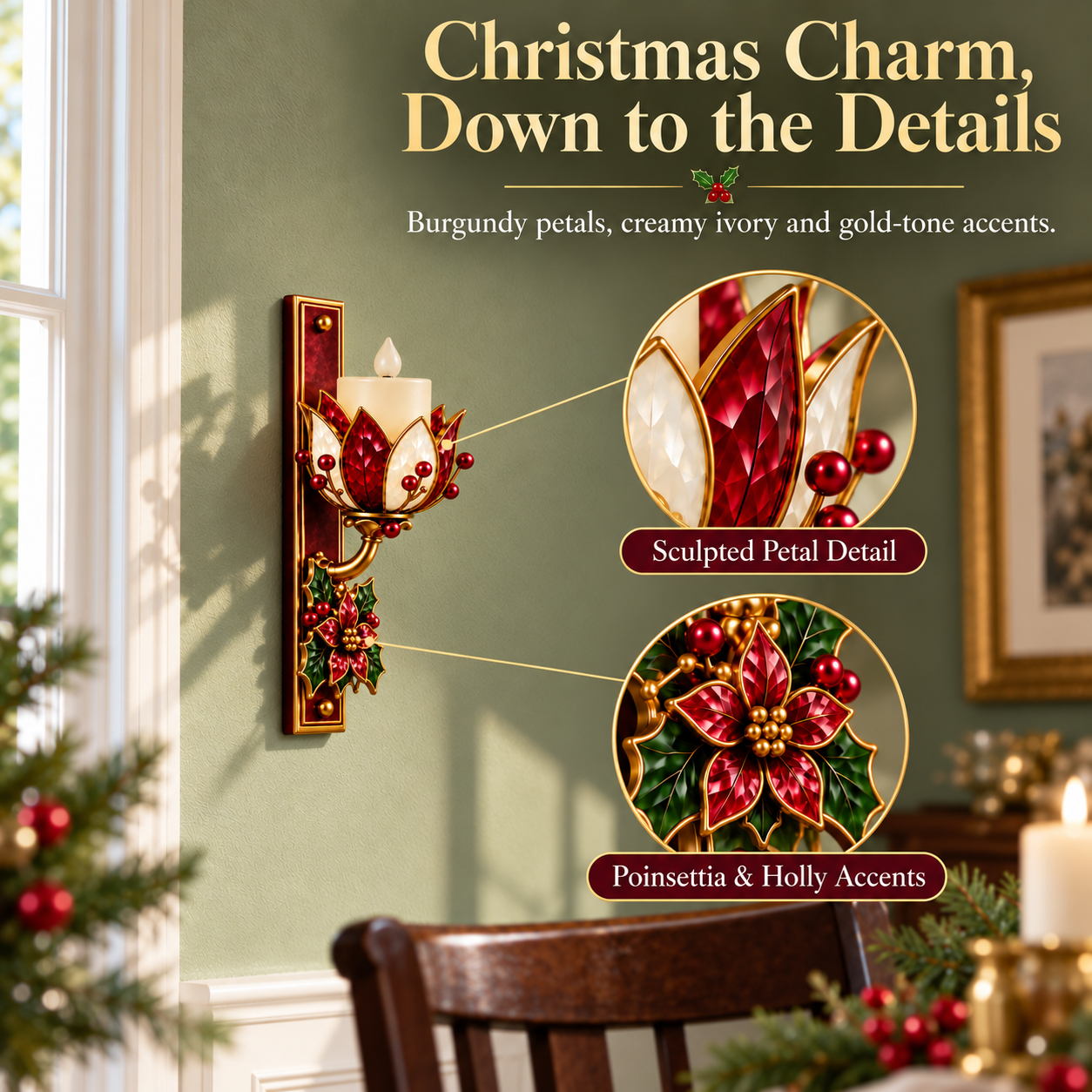 Vintage Poinsettia LED Candle Wall Sconce with Remote