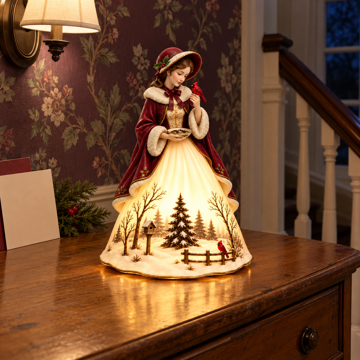 Vintage Lighted Cardinal Lady Figurine