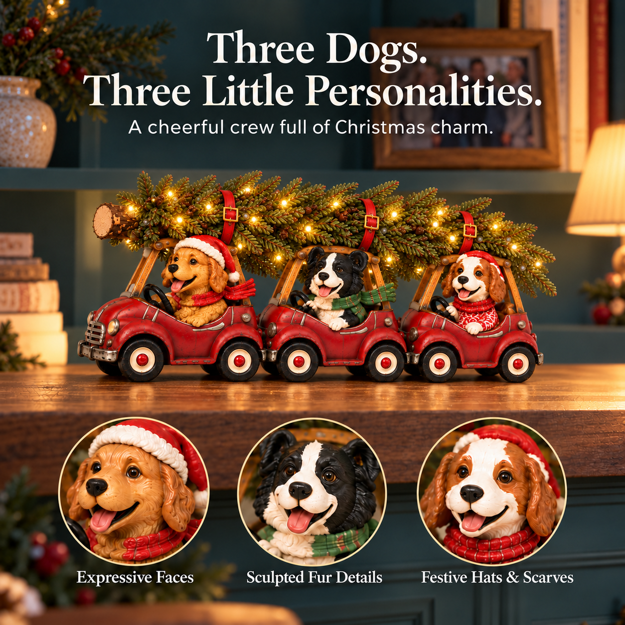 Vintage Christmas Dog Car Figurine with Warm LED Lights