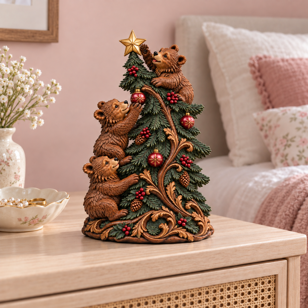 Vintage Lighted Christmas Tree with Three Bears