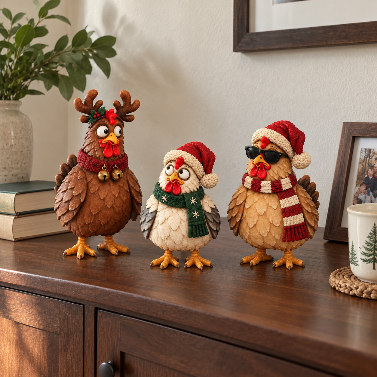 Vintage Christmas Chicken Figurine Set of 3