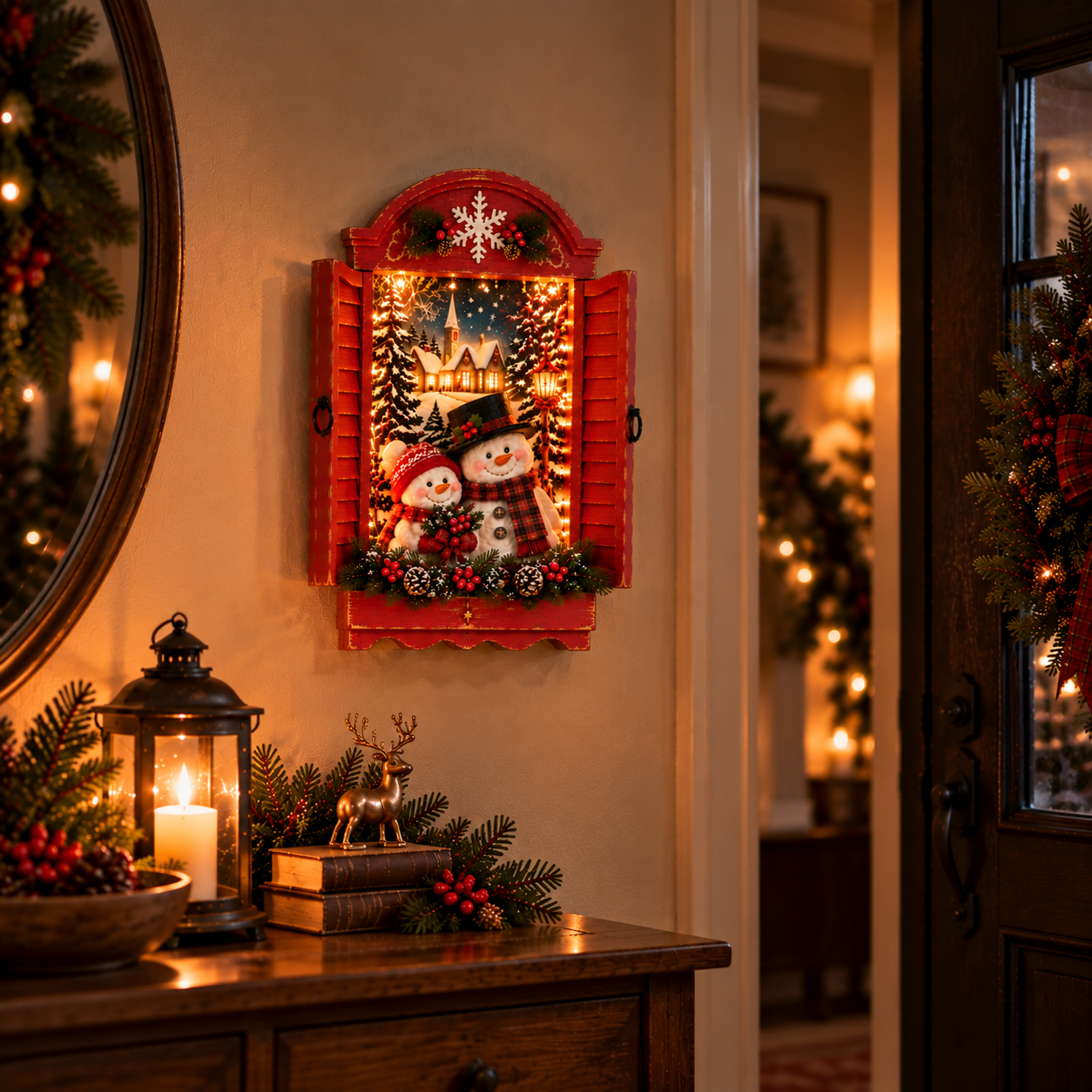 Vintage Lighted Christmas Snowman Window Wall Hanging