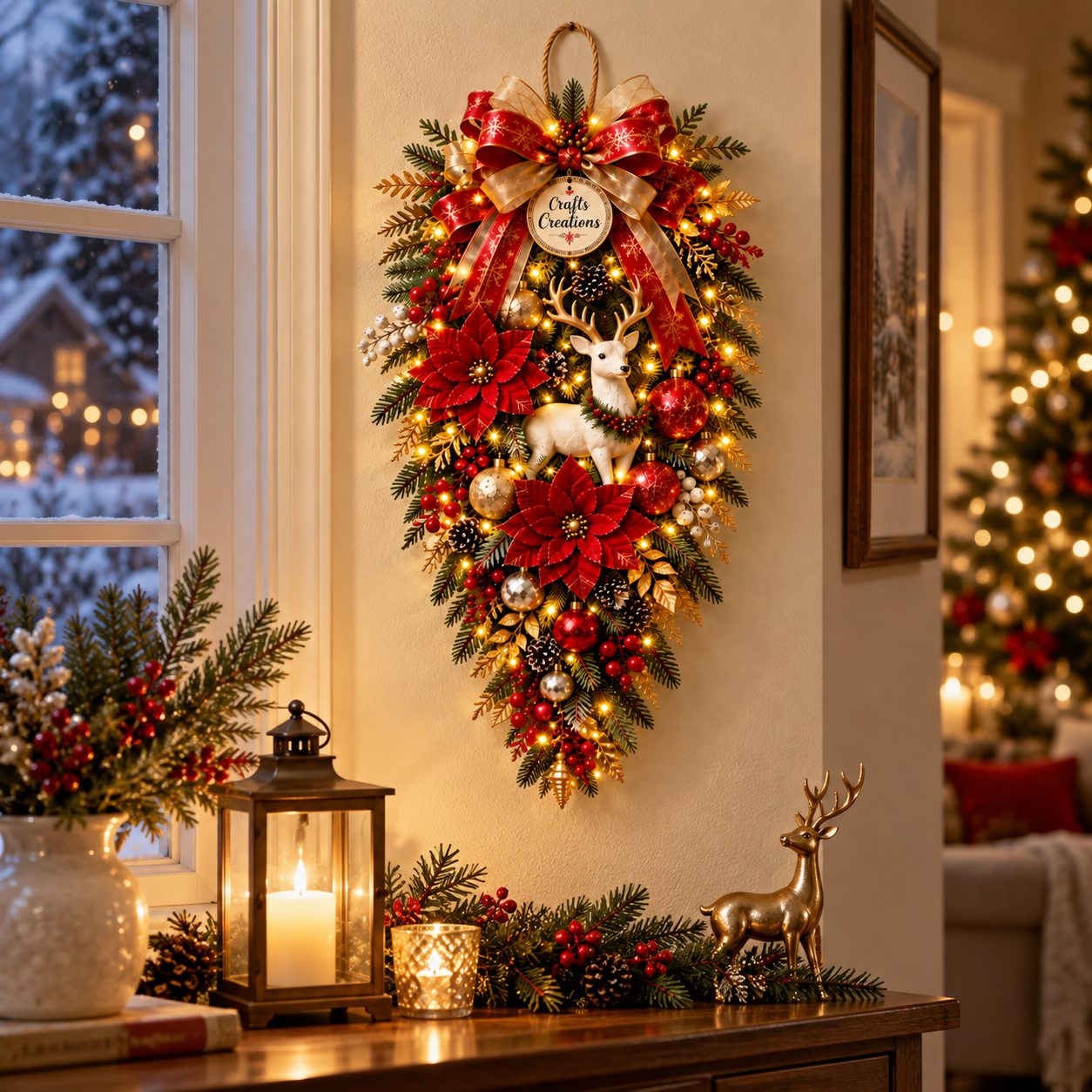 Vintage Lighted Woodland Deer Christmas Swag