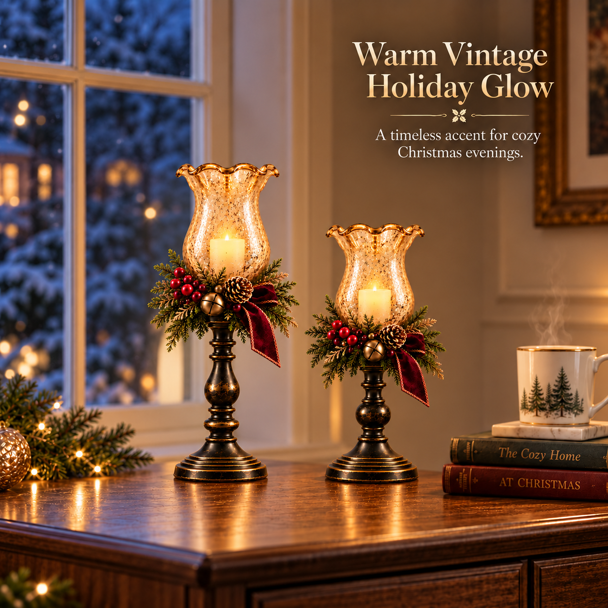 Vintage Lighted Christmas Hurricane Candle Holder